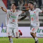Pemain Borneo FC merayakan kemenangan 2-1 atas PSS Sleman di Stadion Maguwoharjo dalam laga Super League.